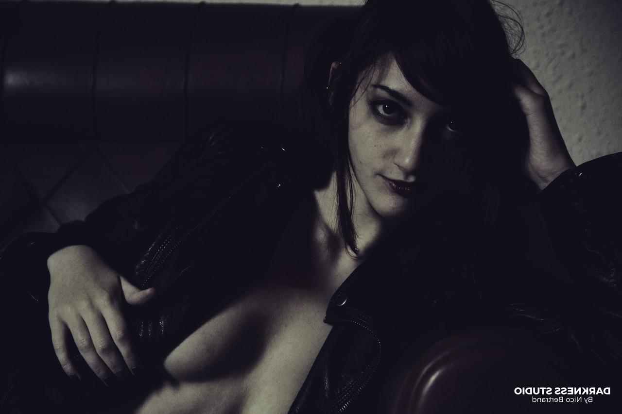 18P Solo model Margout Darko poses for a black and white shoot in crotchless hose