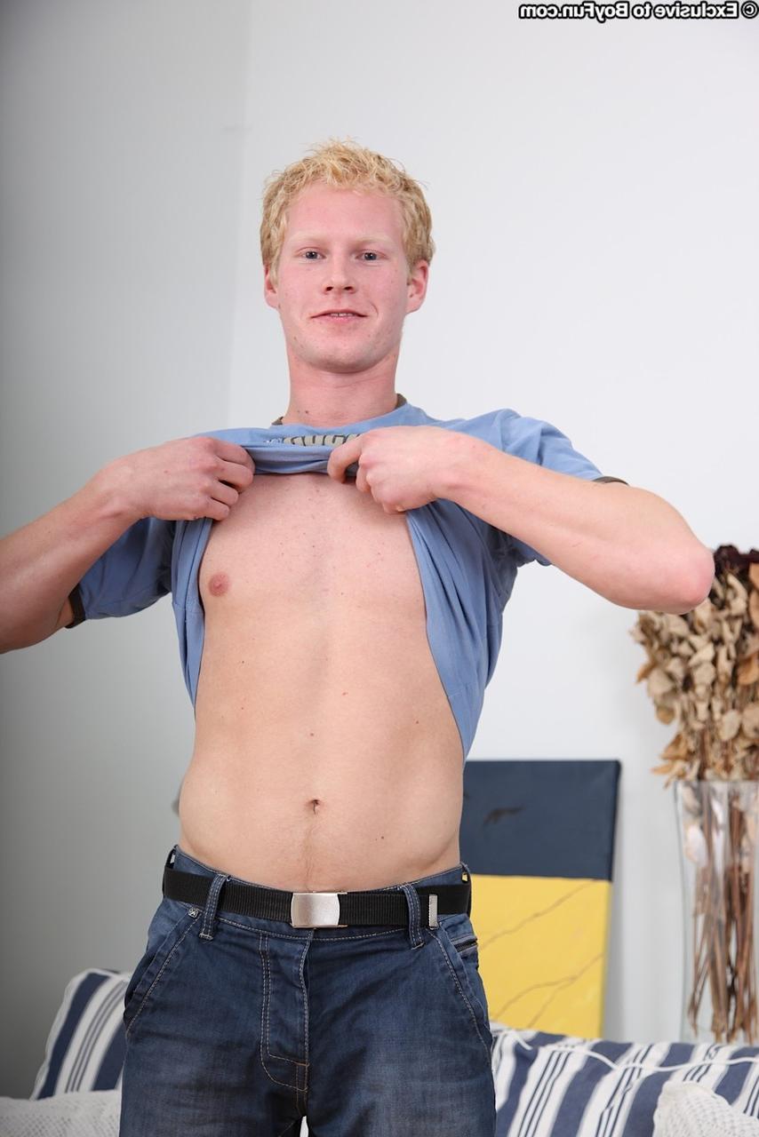 20P Blonde boy with big balls Peter 14 strokes his small dick to a full erection