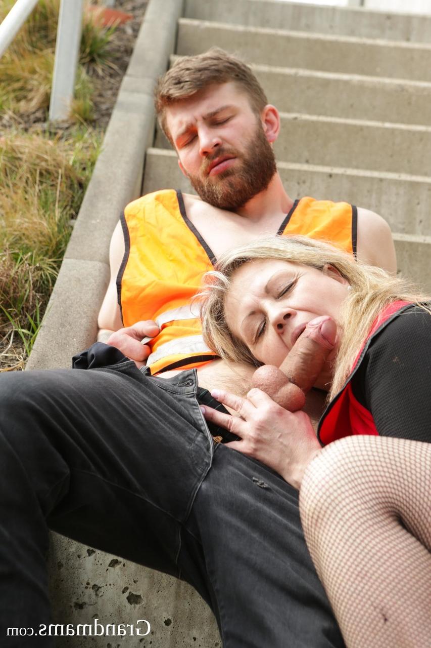20P GILF Monique seduces and fucks two construction workers in a public 3some