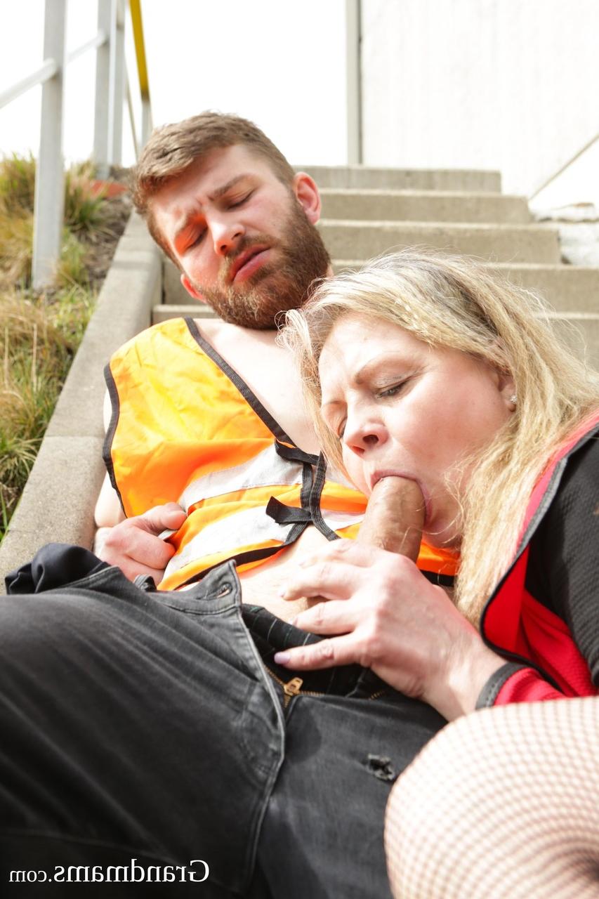 20P GILF Monique seduces and fucks two construction workers in a public 3some