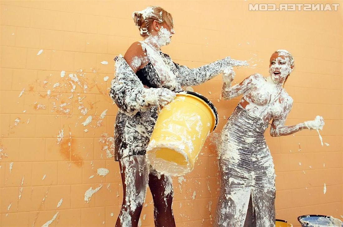 14P Clothed lesbians cover each other in plaster during a home renovation gone bad