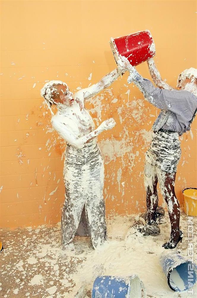14P Clothed lesbians cover each other in plaster during a home renovation gone bad
