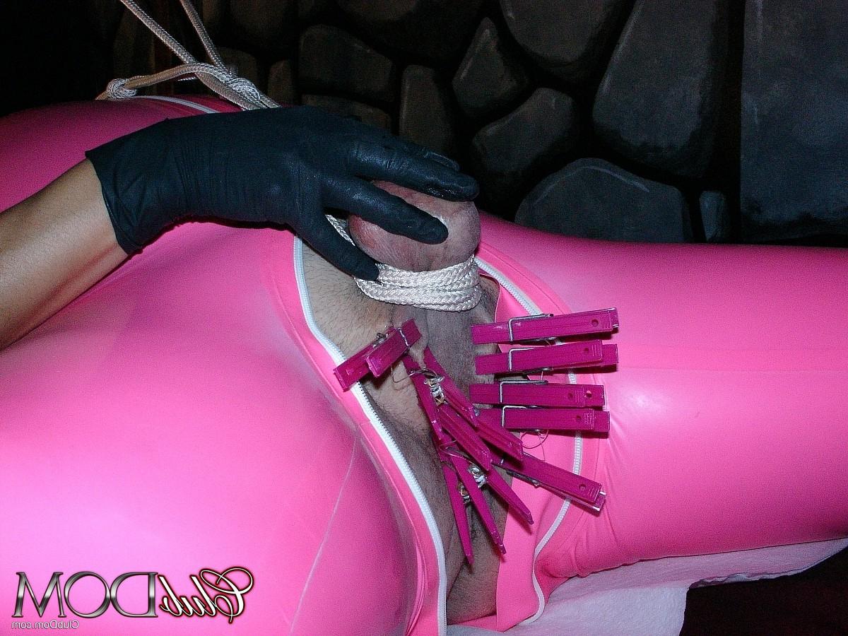 13P Hot femdom in high boots gropes and fucks her bound fat pink-clad sex slave
