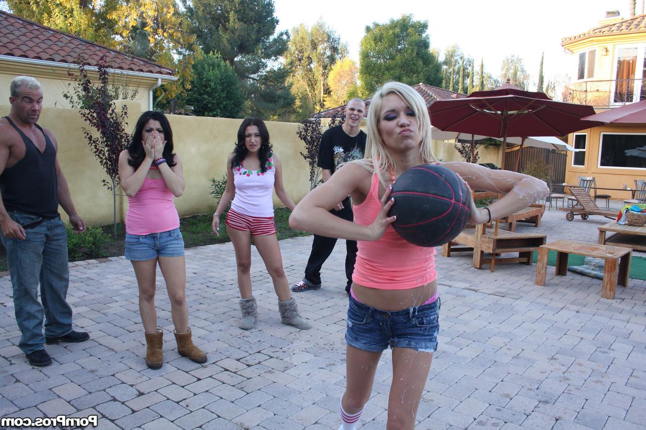 12P Tint titted Kacey Jordan baring hot ass on the patio & eating cum in hot 4some