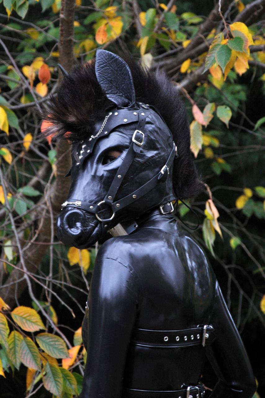 15P Versaute Schlampe posiert draußen in einer Pferdemaske und einem vollflächigen Latex-Outfit