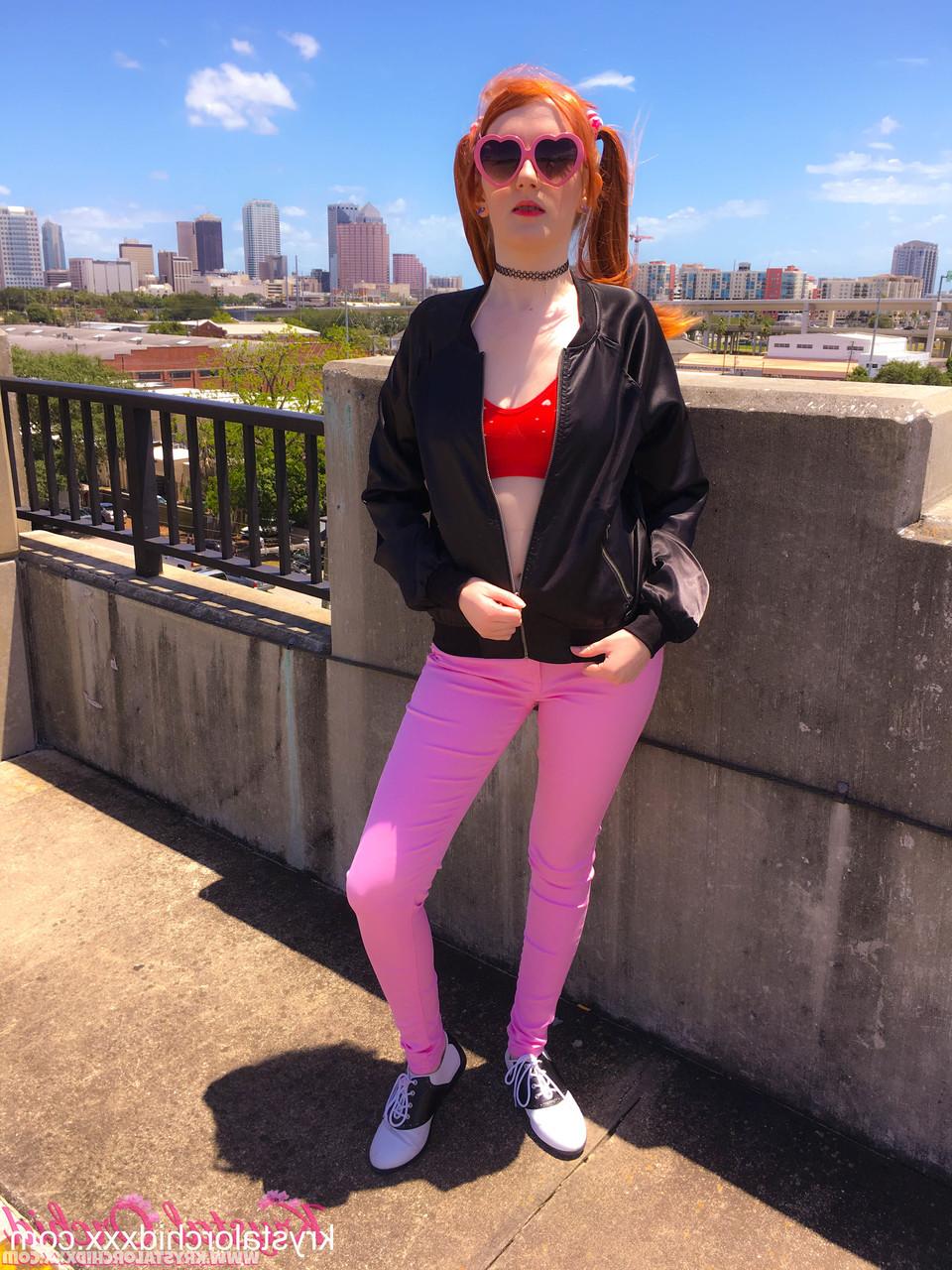 15P Pig-tailed babe Krystal Orchid exposing her tiny tits & her tight ass outdoors