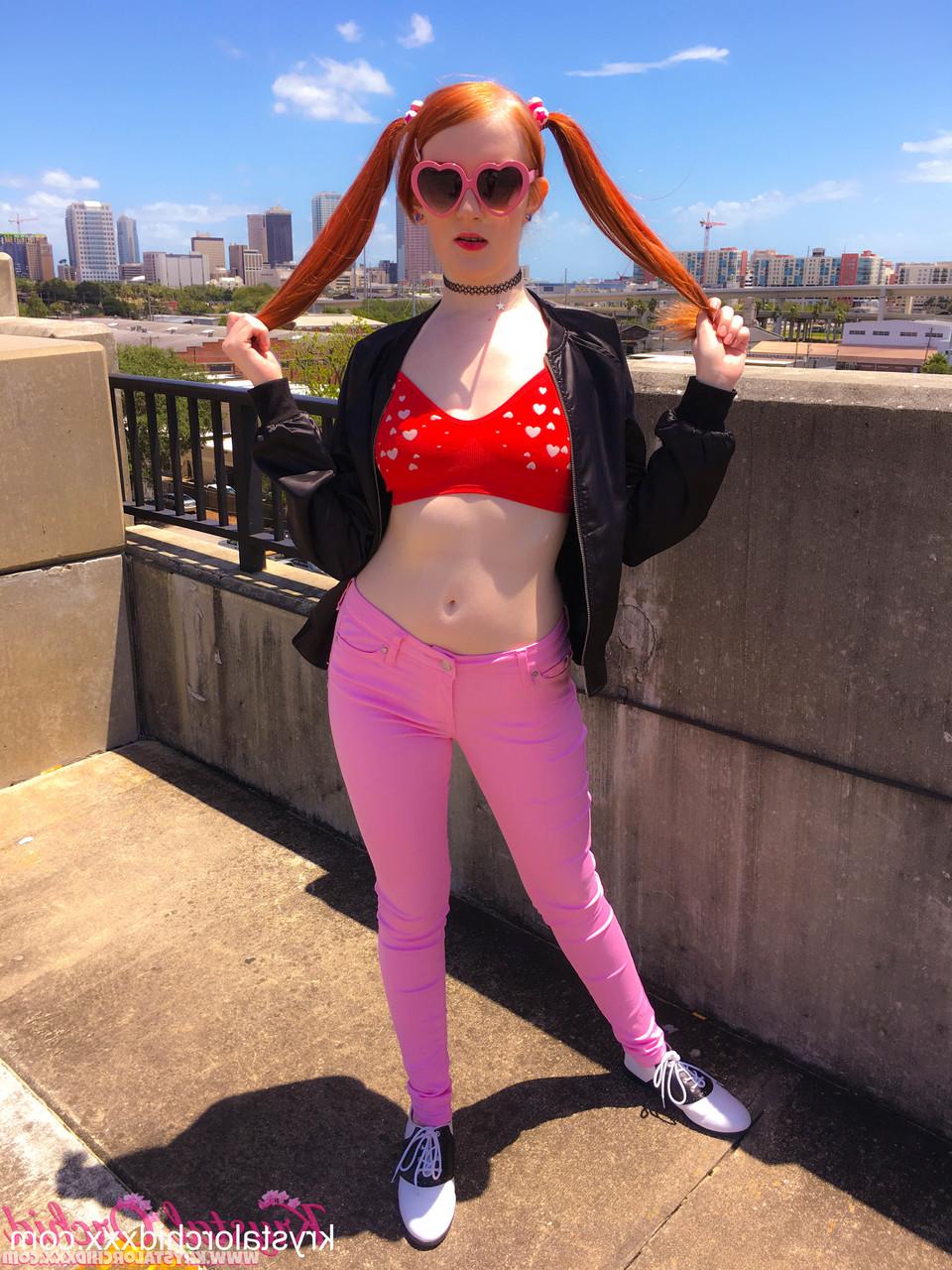 15P Pig-tailed babe Krystal Orchid exposing her tiny tits & her tight ass outdoors
