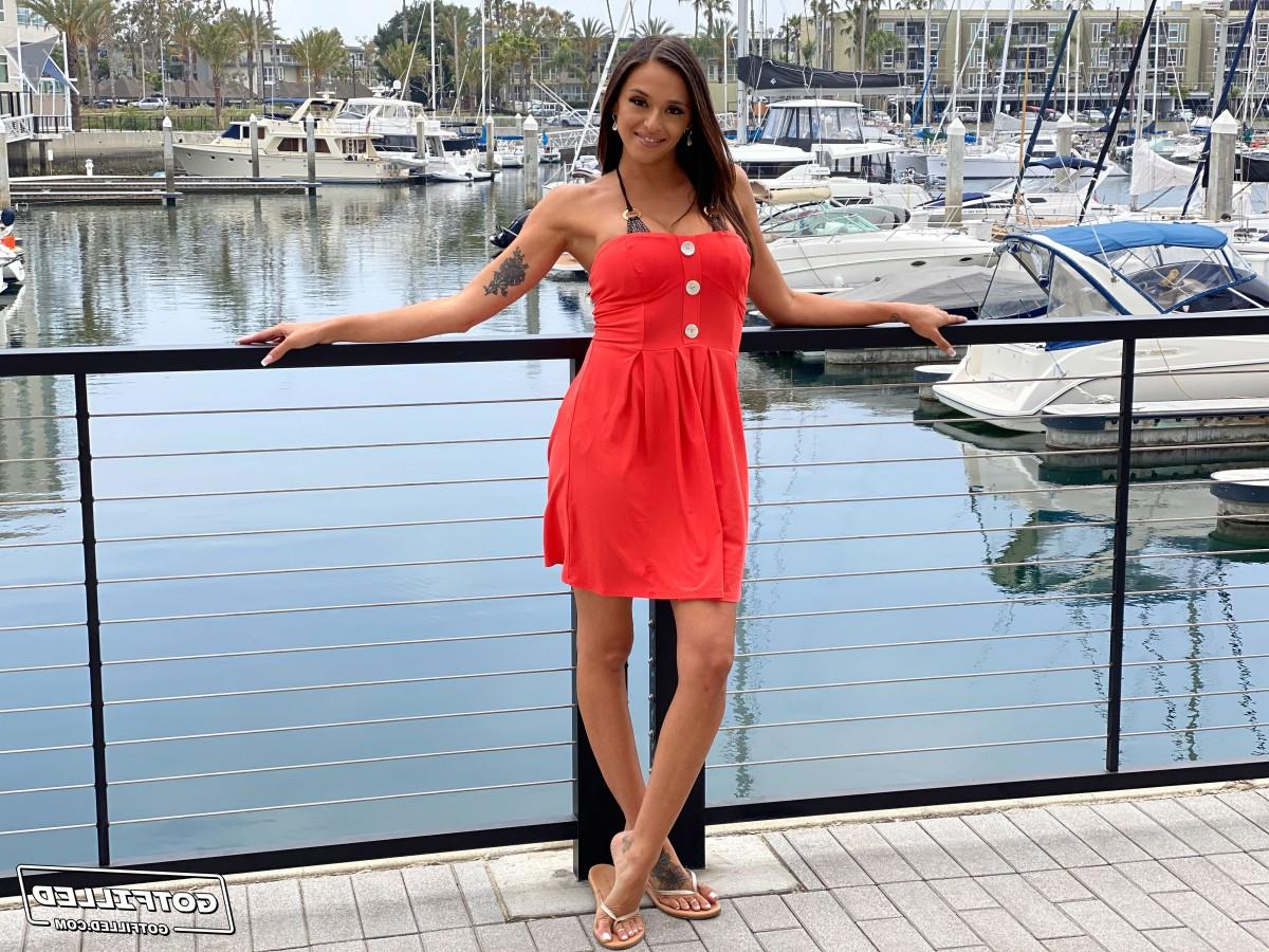 20P Armani Black models a bikini at a marina before an ass licking BJ and fucking