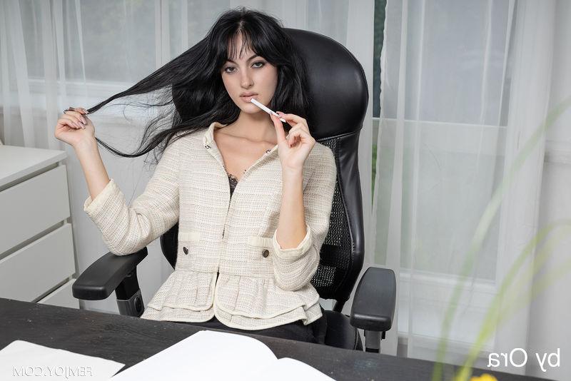 16P Dark haired teen Corinna F gets completely naked upon her desk