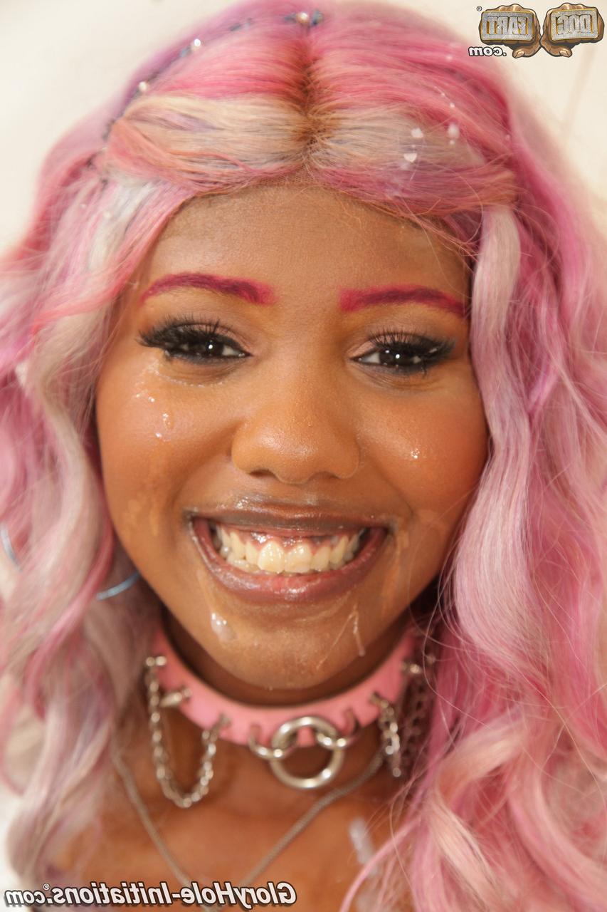 20P Pink haired ebony Daizy Cooper shows her tits and takes a white gloryhole dong