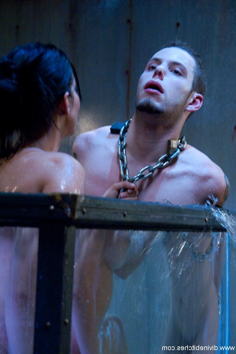 20P Goddess Isis Love playing with a chained BDSM male sub's cock under the water