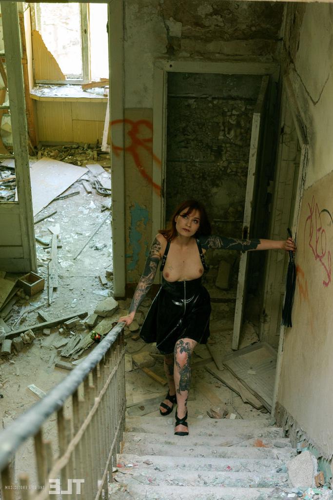 16P Tattooed redhead Cherr plays with her horny pussy at a derelict building