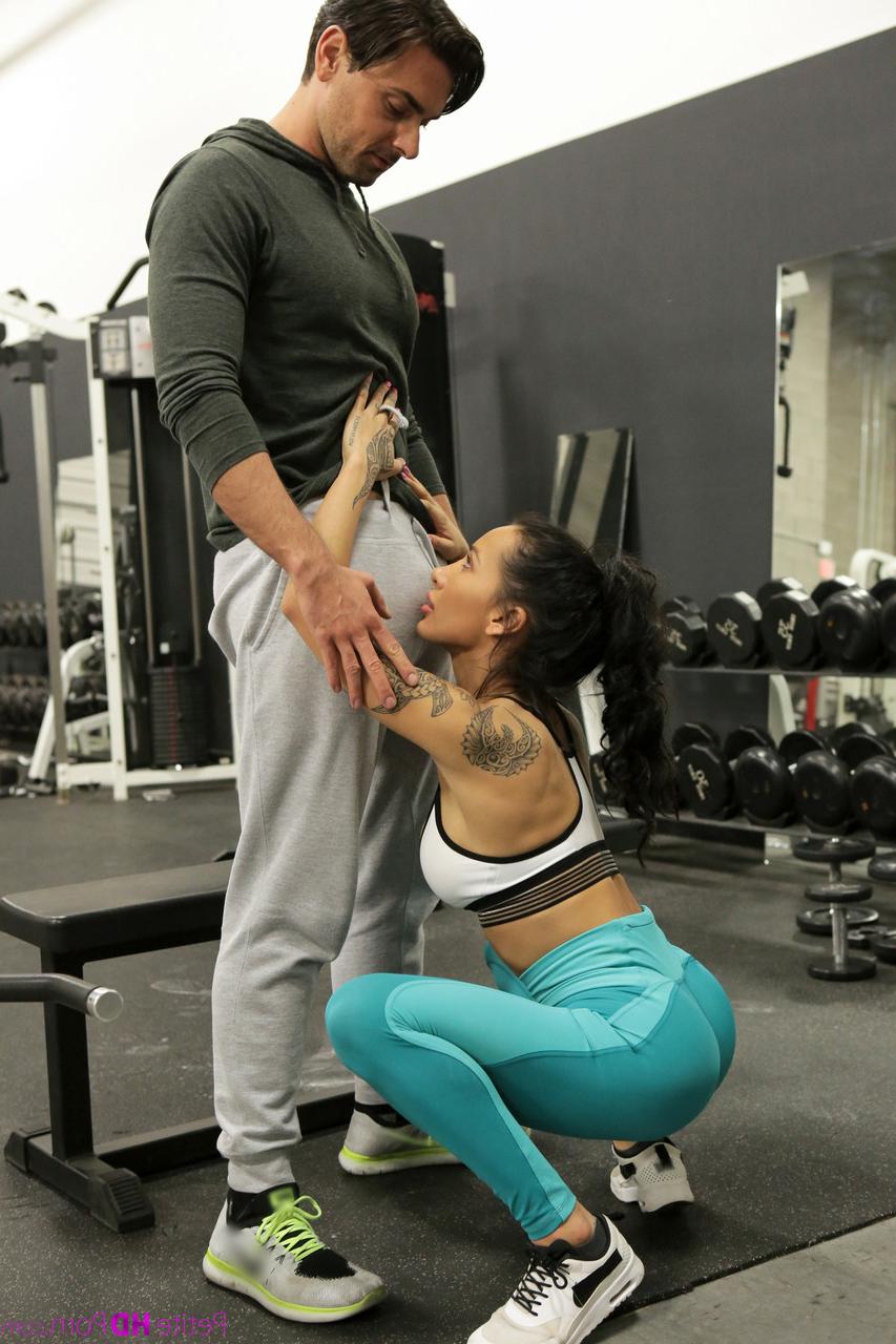 17P Busty Amia Miley flashes big areolas, rides hard dick & swallows at the gym