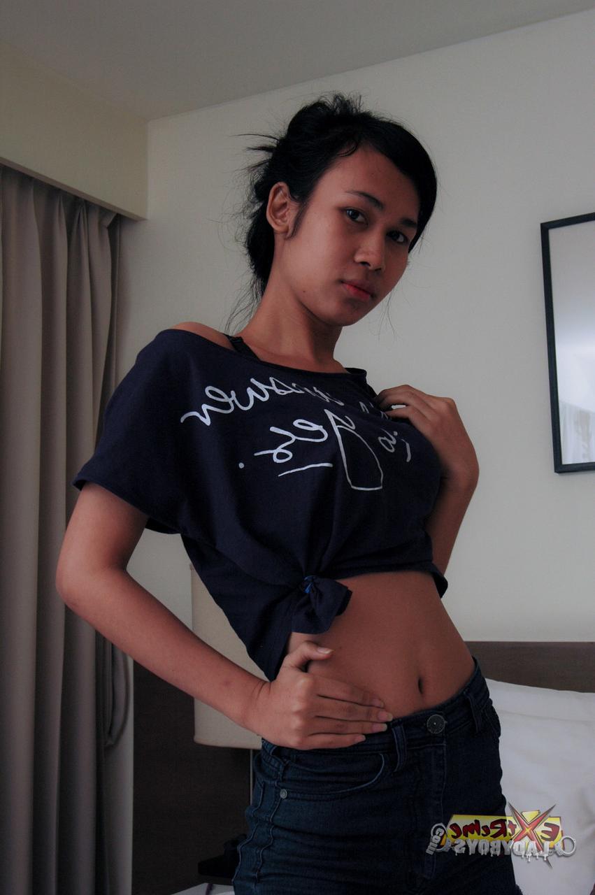 20P Tranny with a slim body Gigi shows her tiny tits before getting rammed