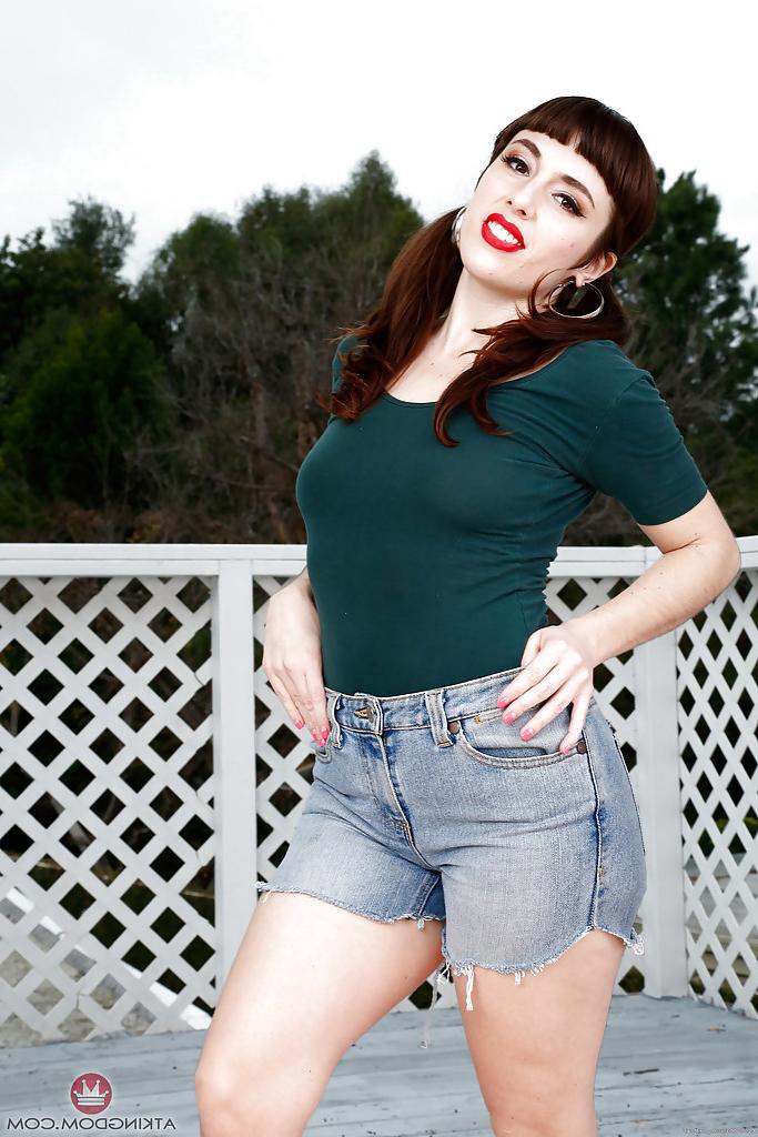 16P Older all natural model Simone Delilah revealing beaver on patio in pigtails