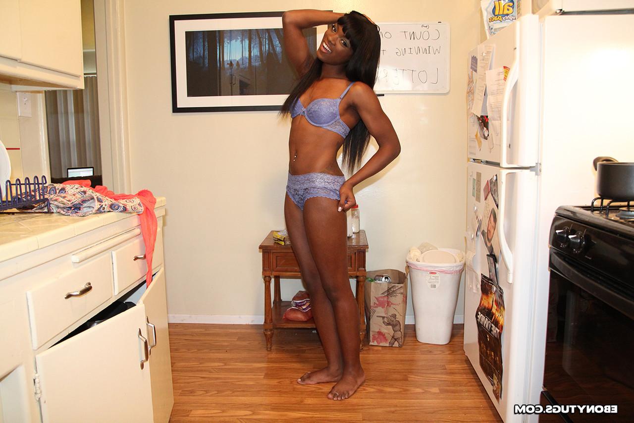20P Ebony cutie Ana Foxx kneels down to milk a nice white dick & gets a facial