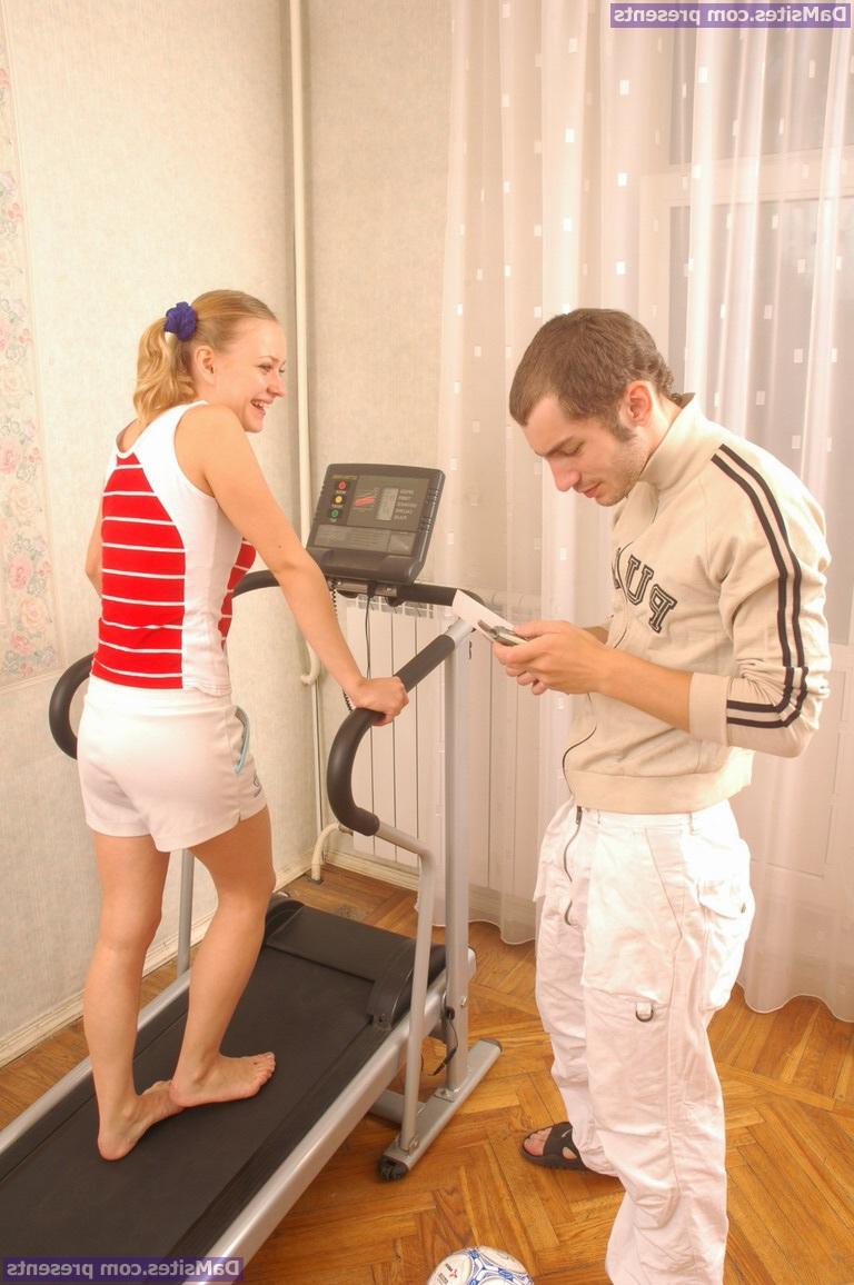 16P Young looking girl exercises on a treadmill before having hardcore sex