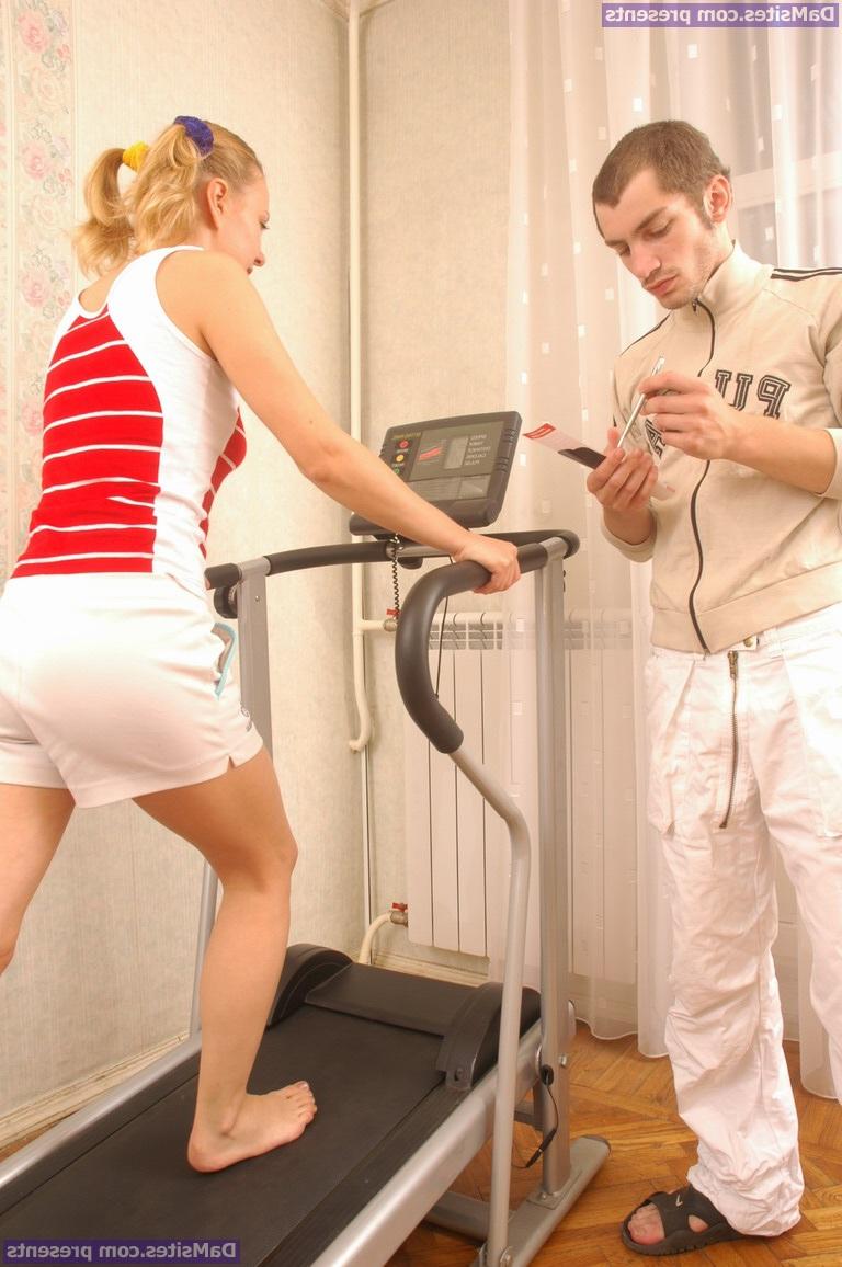 16P Young looking girl exercises on a treadmill before having hardcore sex