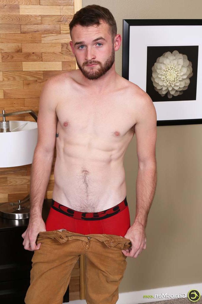 20P Cute brunette twink Easton unveiling his hard curved dick and masturbating