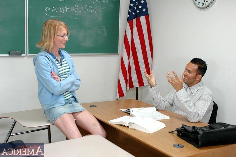 16P Naughty coed in glasses Alexa Lynn bent over the desk and fucked hard