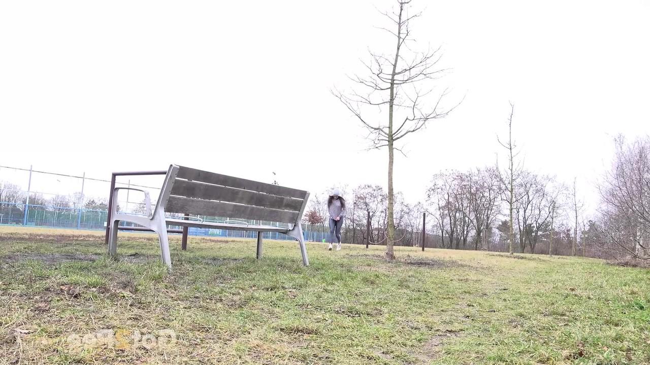 15P Caucasian girl Barbara Bieber pulls down her leggings to piss in a field