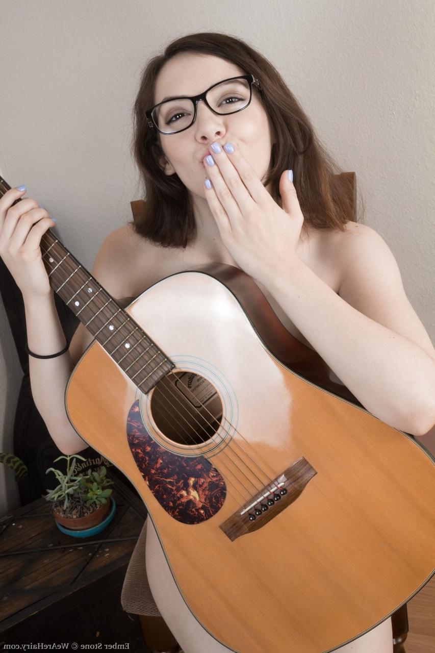 17P Naughty guitar hottie Ember Stone reveals her hairy body parts & fuzzy cunt