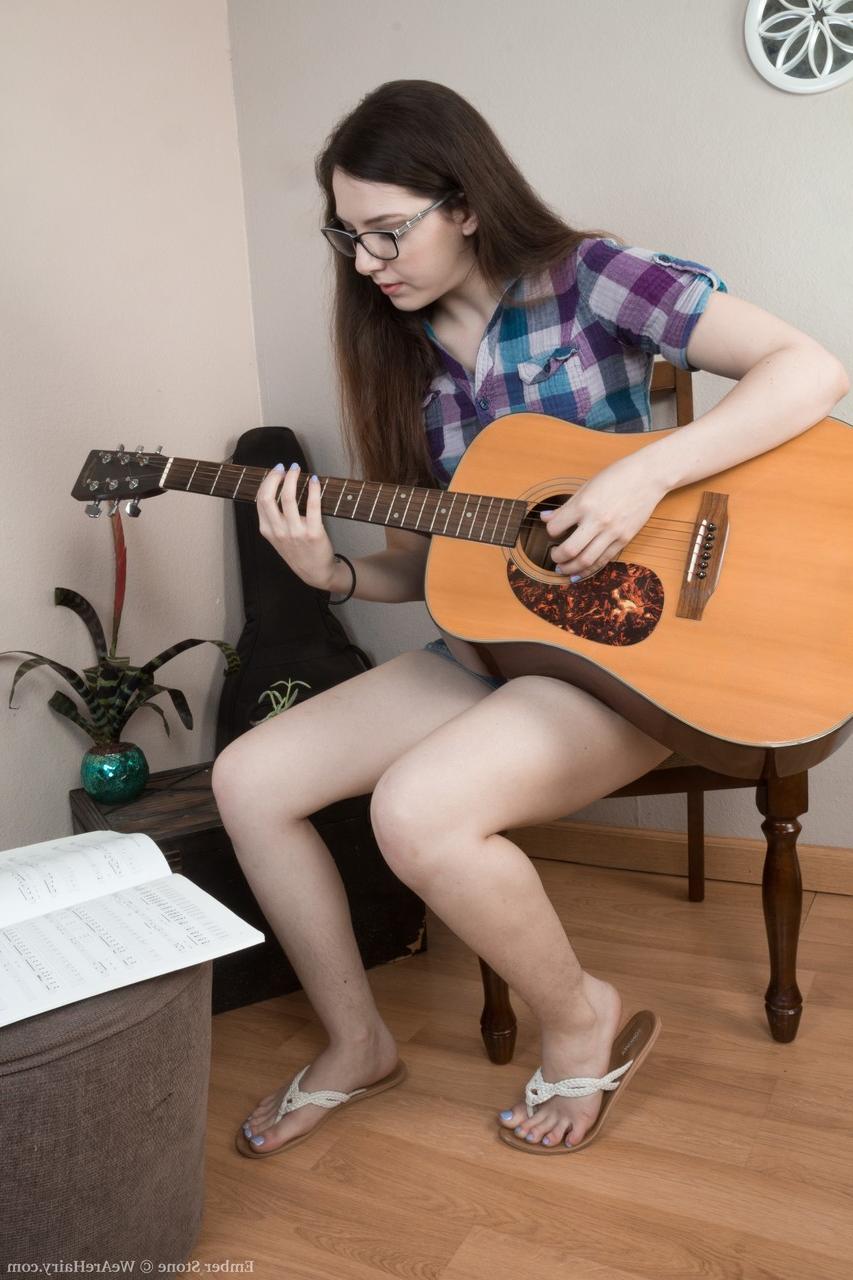 17P Naughty guitar hottie Ember Stone reveals her hairy body parts & fuzzy cunt