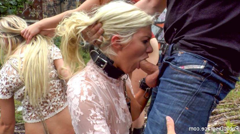 14P Blonde slaves are paraded in public before outdoor blowjobs and public fucking
