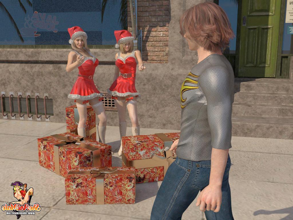 19P Travestis peitudas em roupas de Natal tiram a roupa e fodem um garoto fofo em público