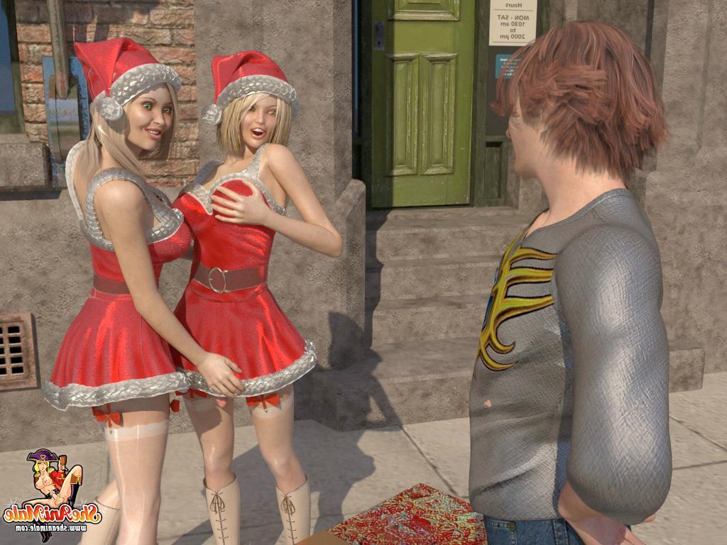 19P Travestis peitudas em roupas de Natal tiram a roupa e fodem um garoto fofo em público
