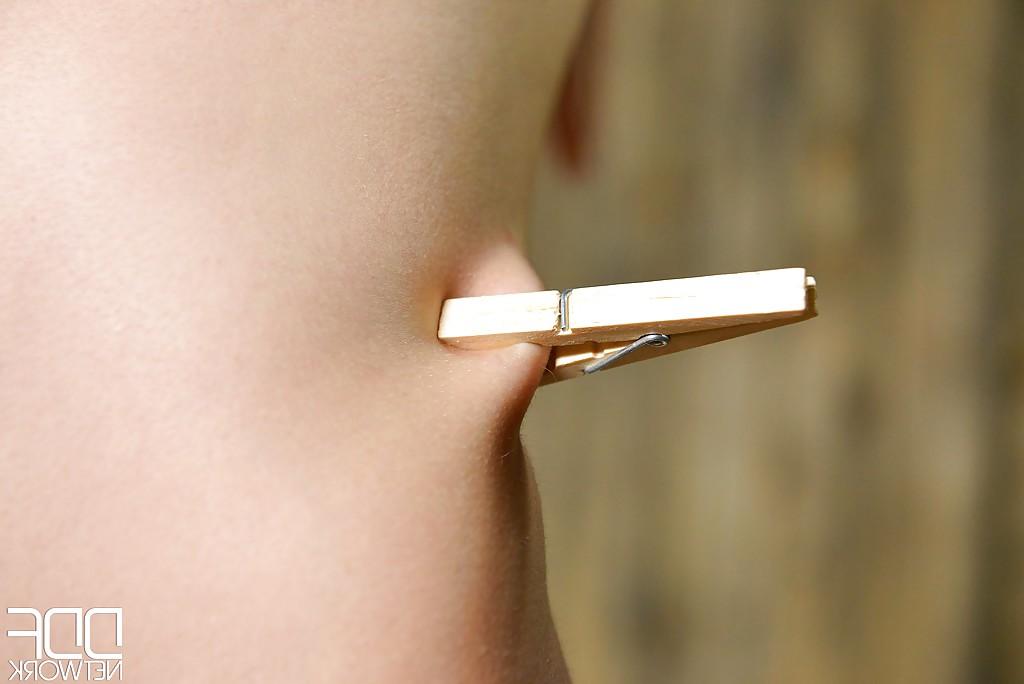 16P Skinny redhead BDSM model Susana Melo has clothespin attached to tits