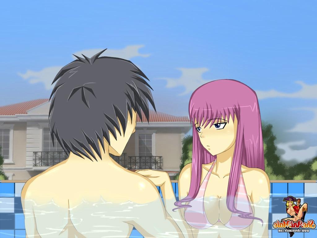 12P Transexual animada de pelo morado obtiene su culo relleno en la piscina
