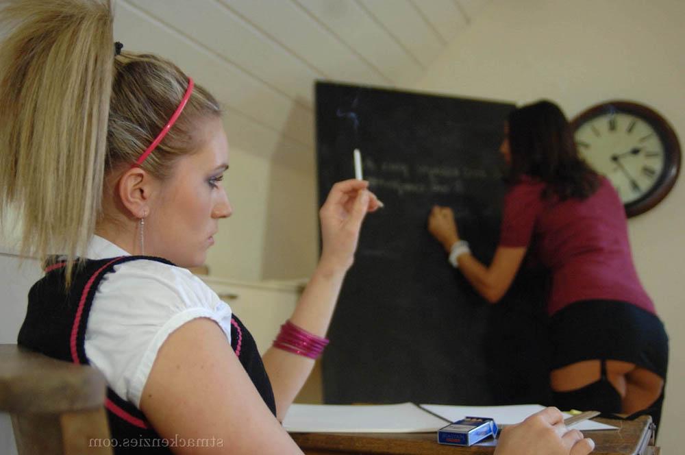 16P Hot school babes in stockings get topless and smoke in the class