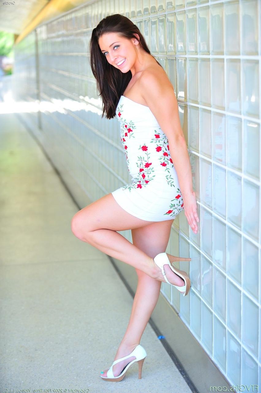 20P Pretty babe Gracie shows her shaved muff in short dresses in a hot compilation