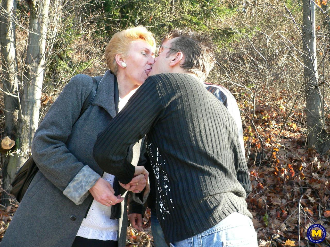 20P Slutty granny with big tits Patrice gets facialed by two horny boys outside