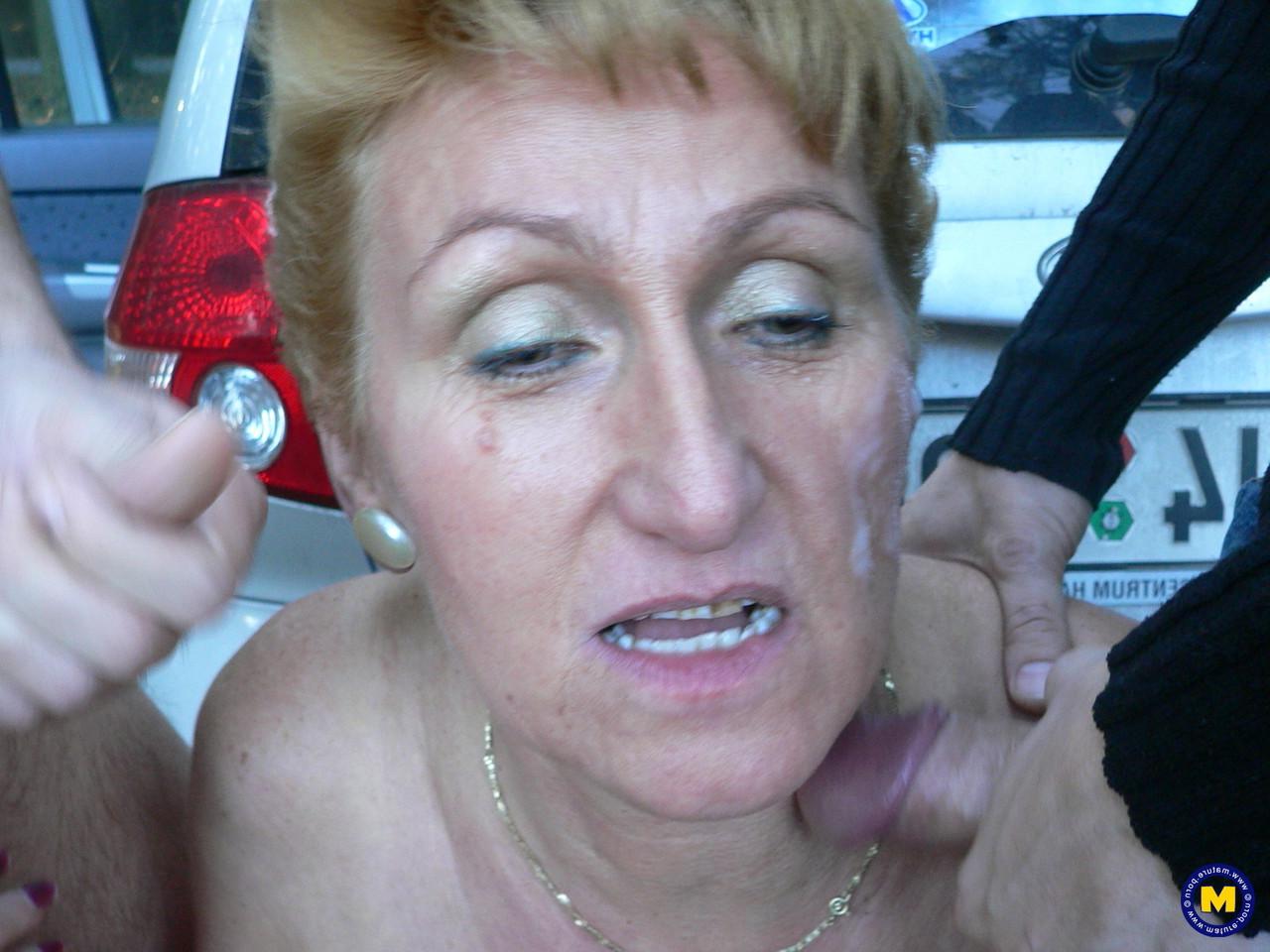 20P Slutty granny with big tits Patrice gets facialed by two horny boys outside