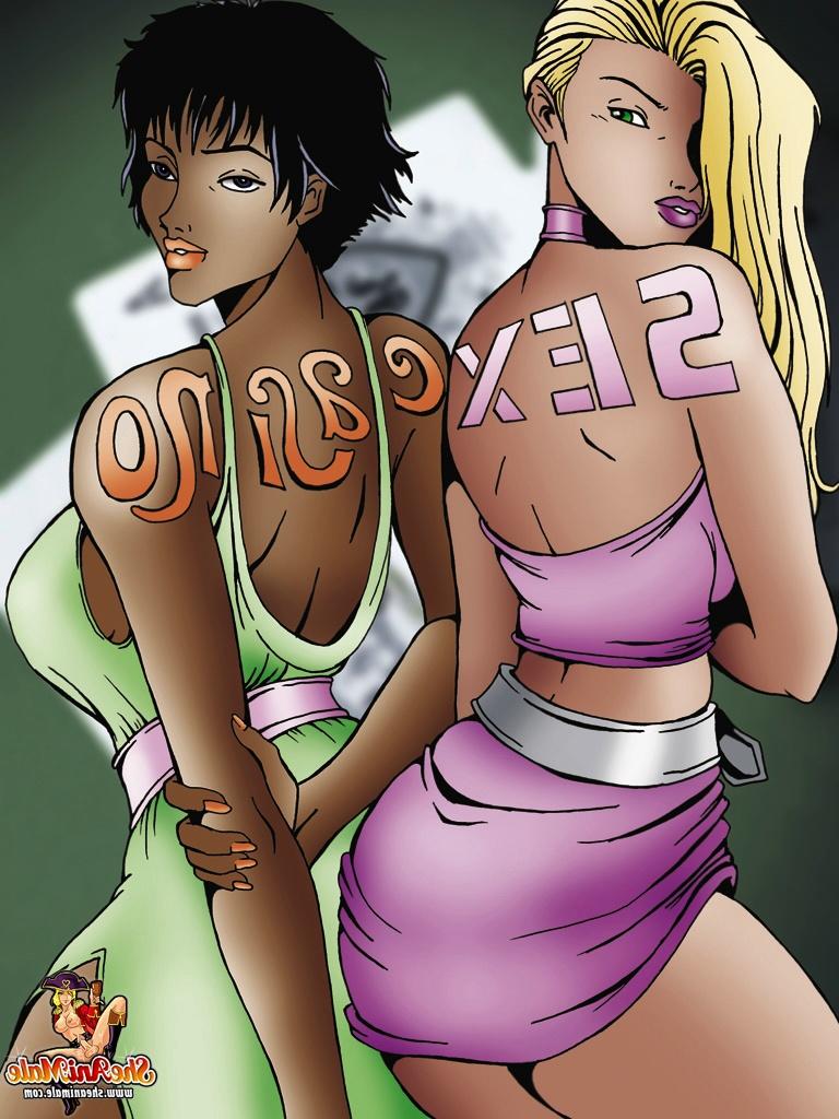 12P Des transsexuelles noires de dessins animés avec des seins énormes baisent un mec blond chanceux