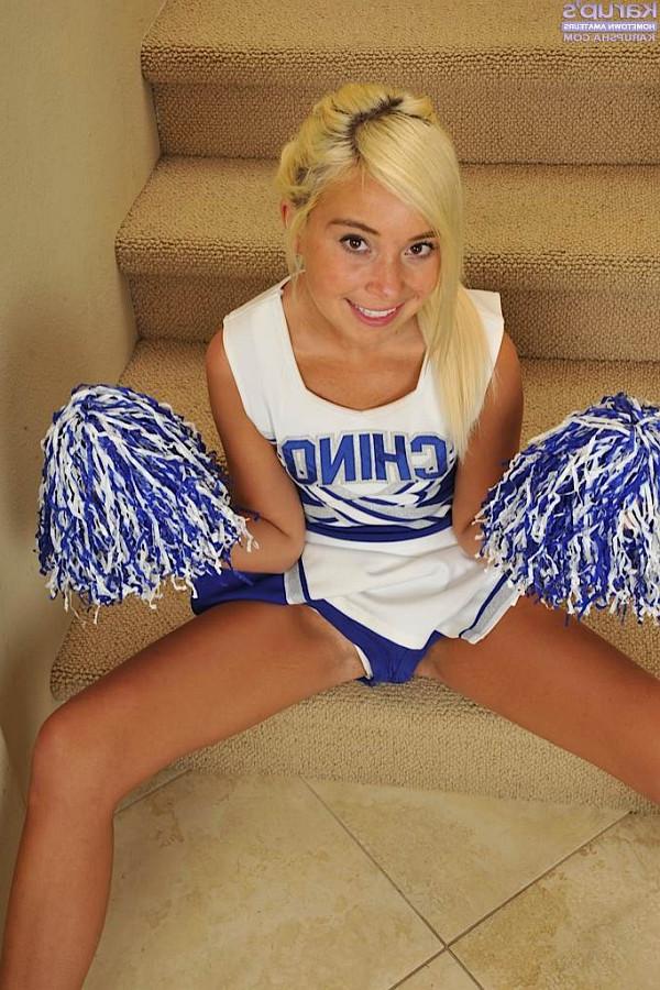 15P Blonde cheerleader Kaylee Hayee sets her tan lined body free on stairs
