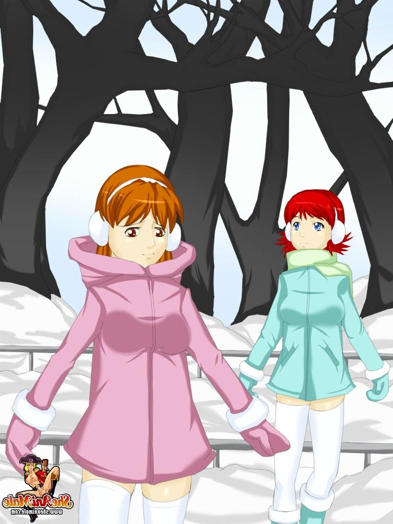 12P Dos lindas adolescentes transexuales de anime follan en público frente a una escultura de nieve con un gallo