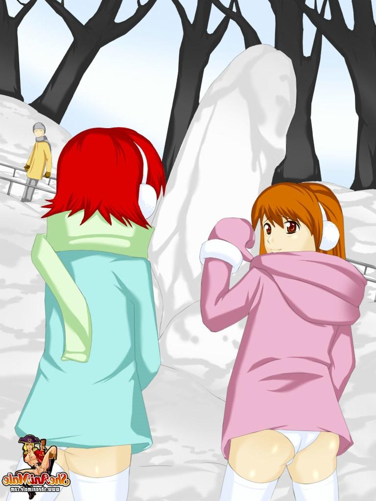 12P Dos lindas adolescentes transexuales de anime follan en público frente a una escultura de nieve con un gallo