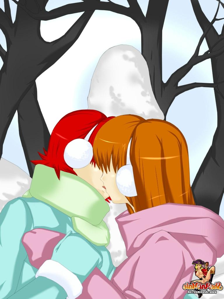 12P Dos lindas adolescentes transexuales de anime follan en público frente a una escultura de nieve con un gallo