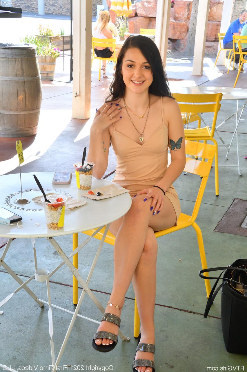 20P Glamour babe April flashes her tiny tits & her shaved pussy in public