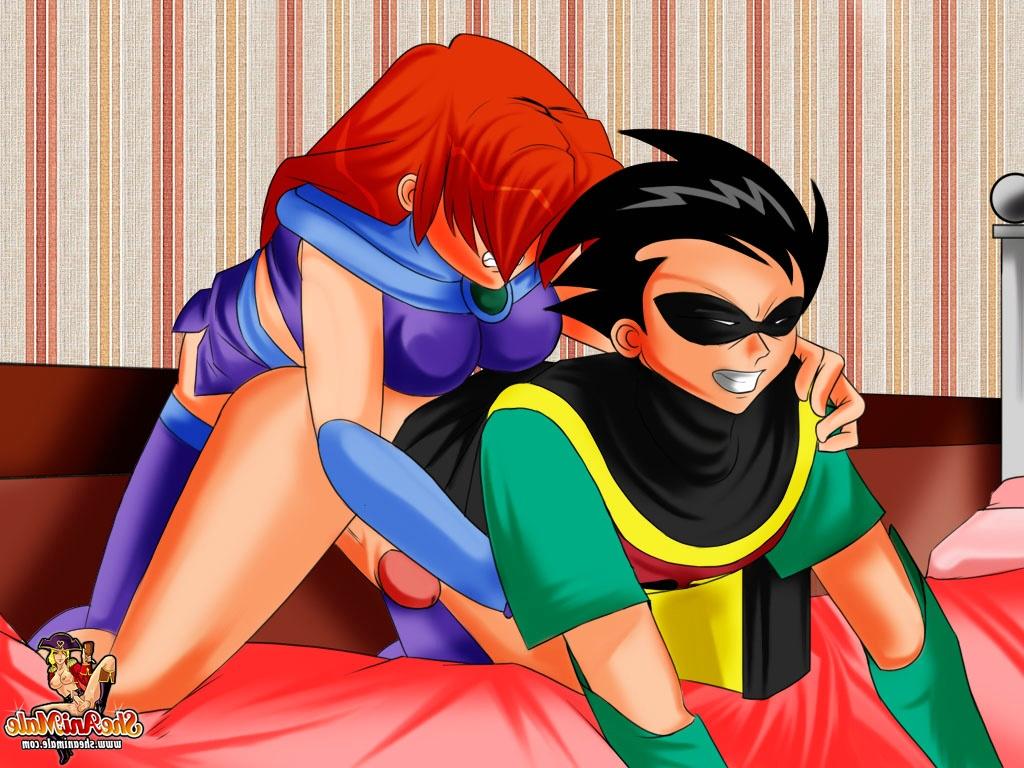 12P Cartoon-rothaarige Shemale bumst den geilen Robin und reitet seinen Schwanz auf einem Bett