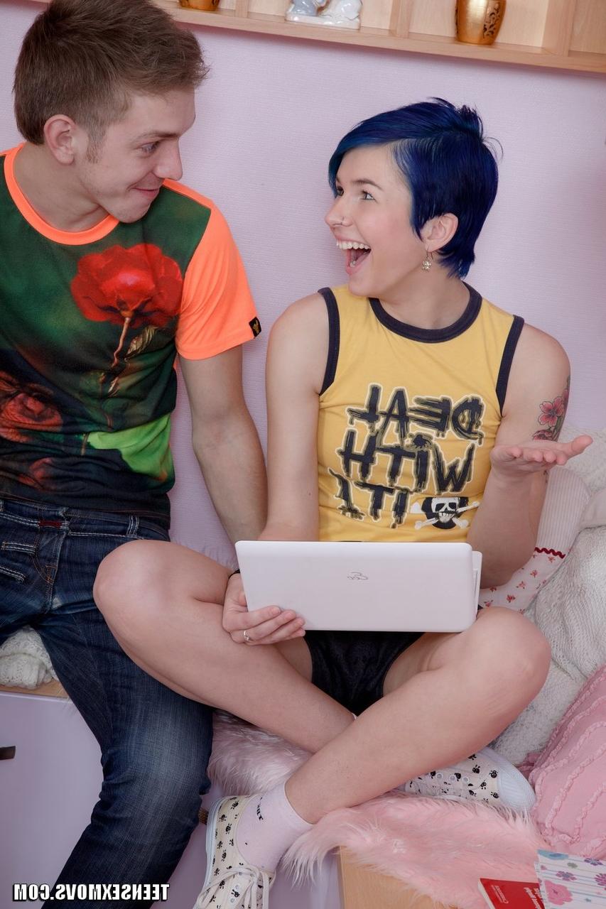19P Blue haired teen Ebba gets her innocent pussy toyed & dicked by her classmate