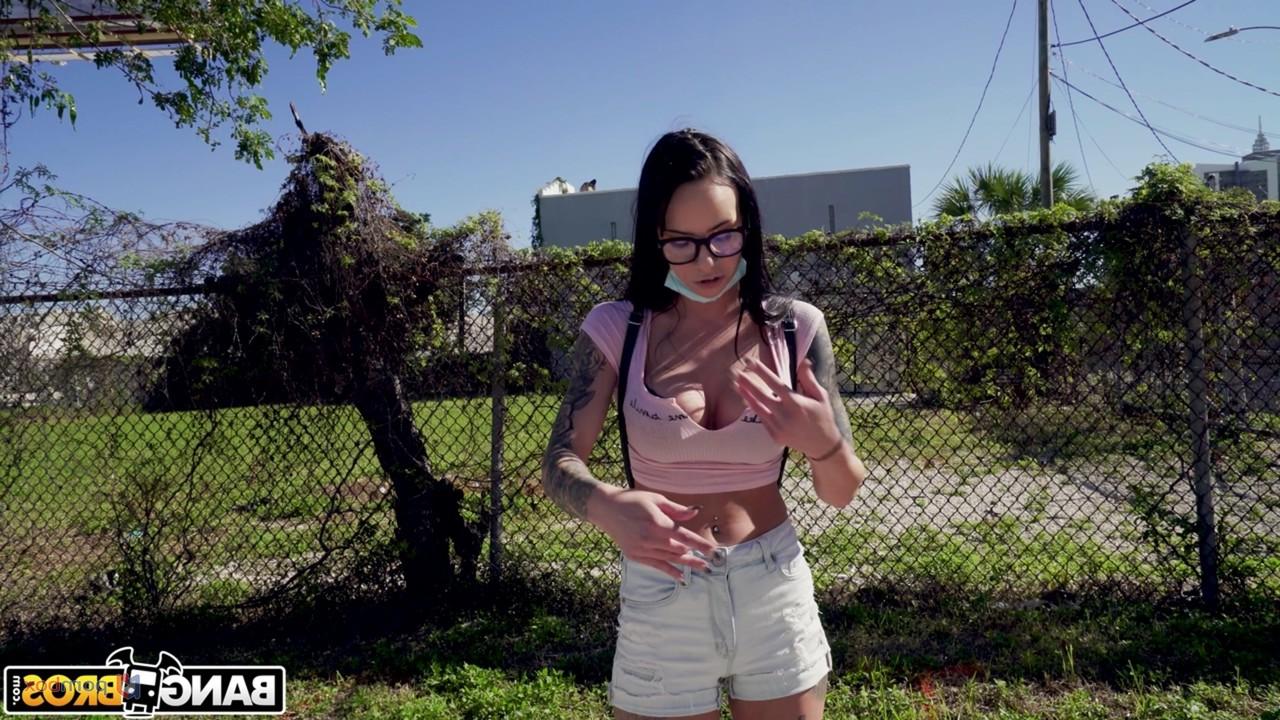 20P Brunette babe in glasses Sabrina Valentine shows her big tits & fucks in a van