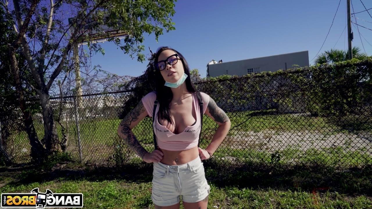 20P Brunette babe in glasses Sabrina Valentine shows her big tits & fucks in a van