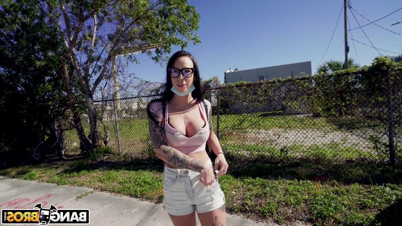 20P Brunette babe in glasses Sabrina Valentine shows her big tits & fucks in a van
