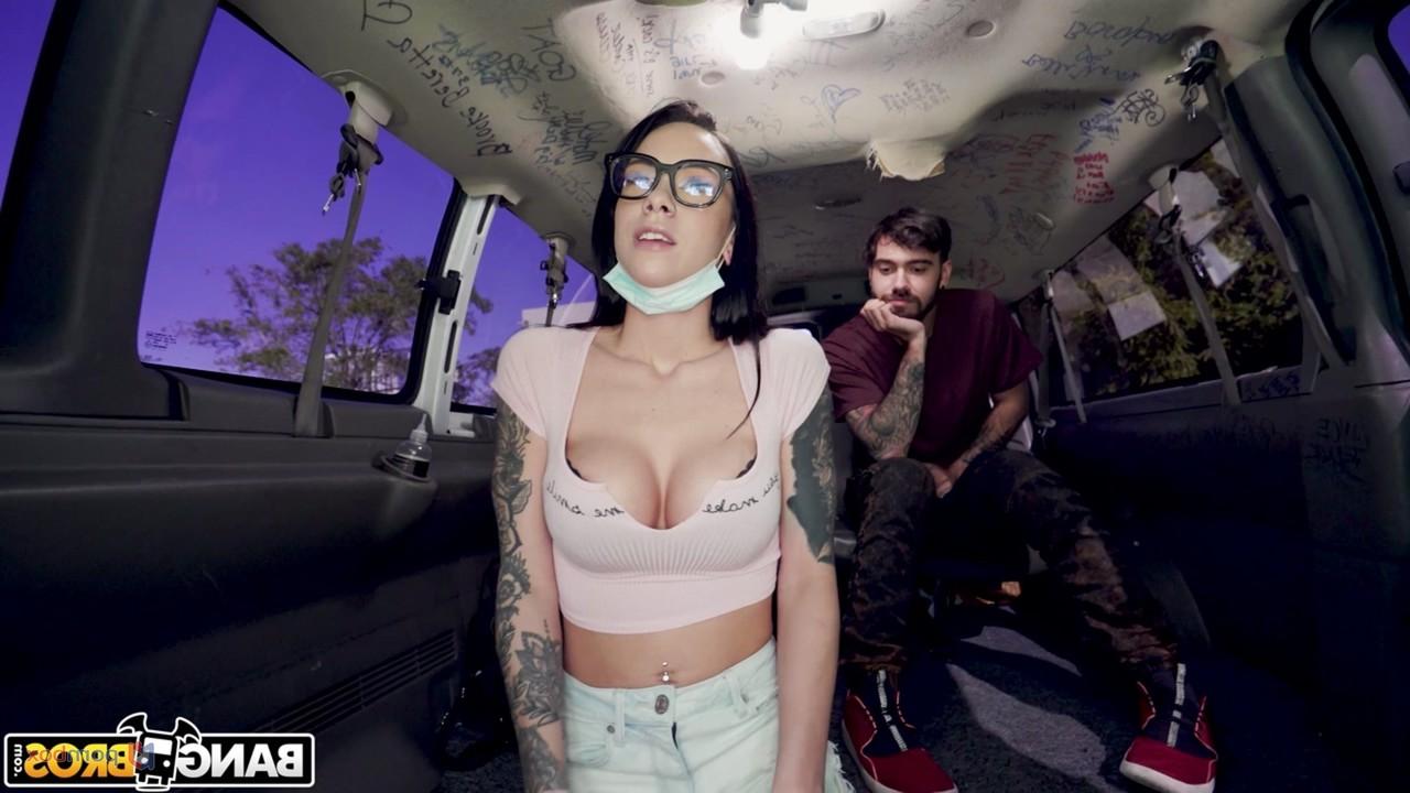 20P Brunette babe in glasses Sabrina Valentine shows her big tits & fucks in a van