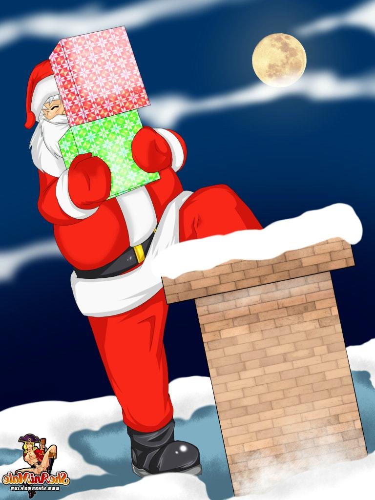 12P Chesty anime shemales spit roasting an old Santa with their big dicks