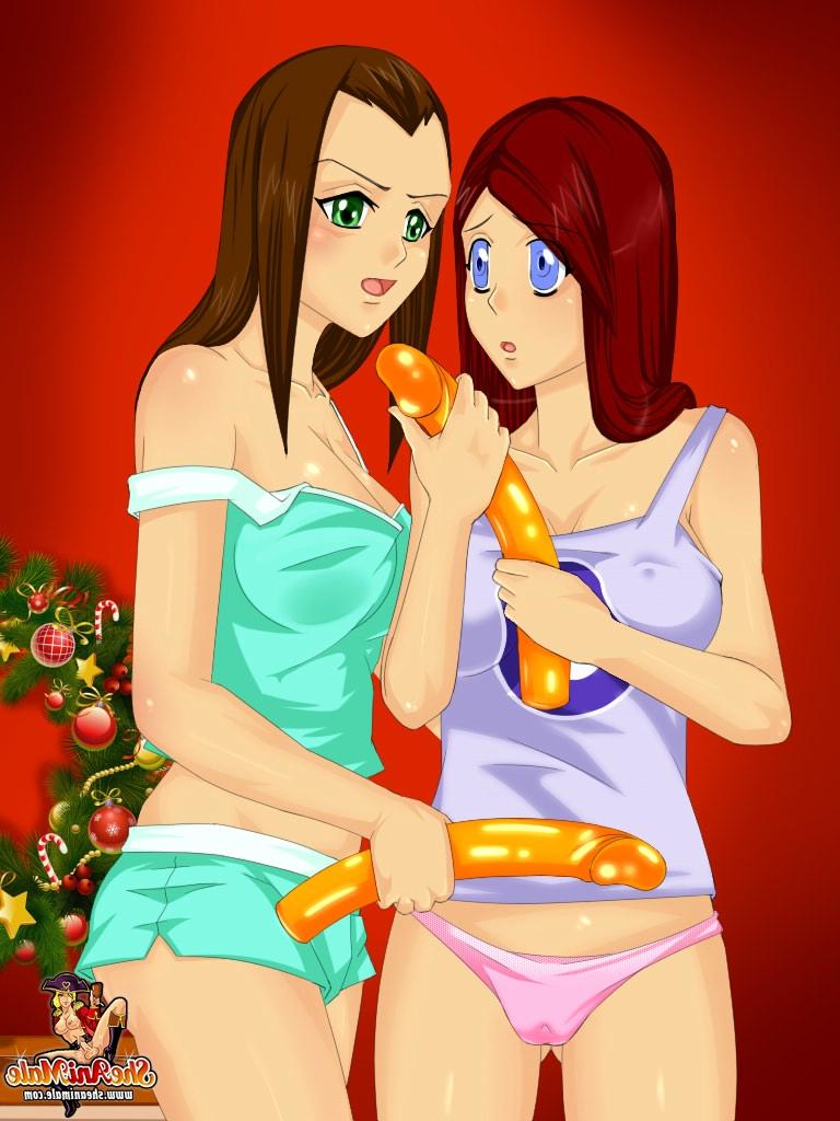 12P Chesty anime shemales spit roasting an old Santa with their big dicks